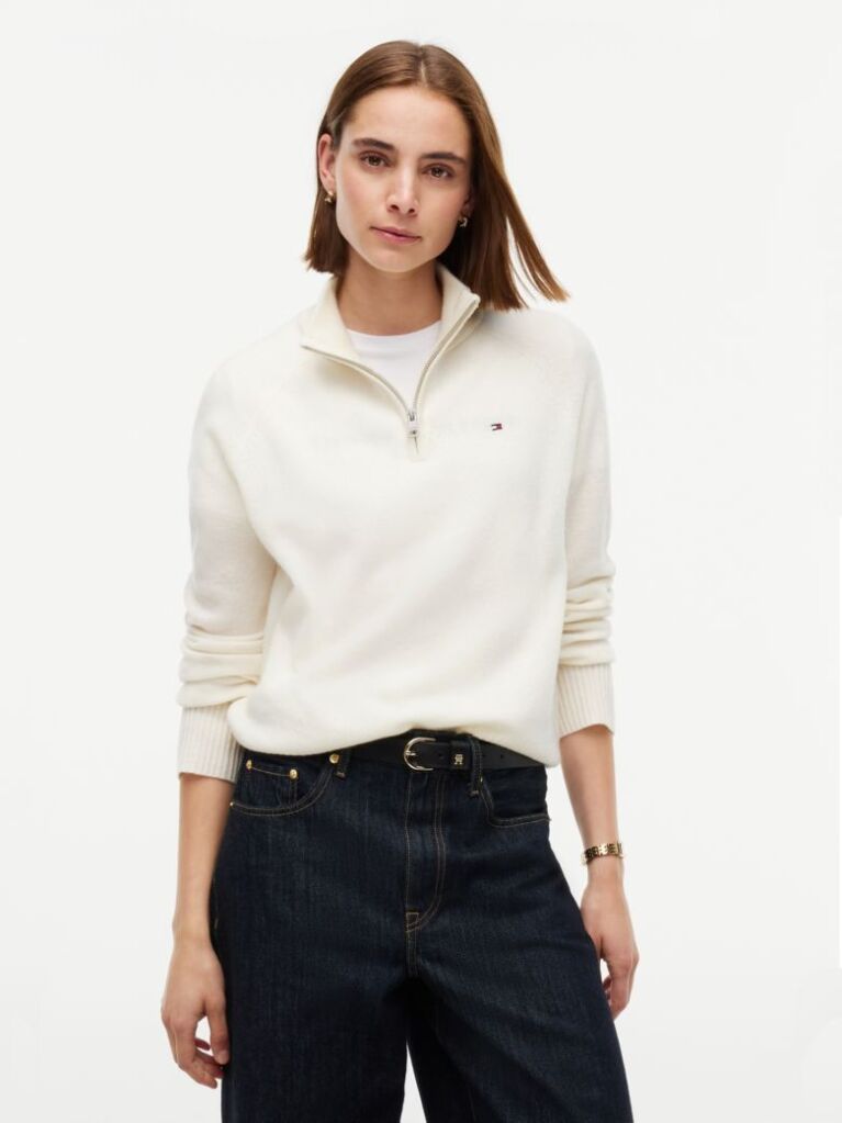 Beige Pure Wool Relaxed Quarter-Zip Jumper  Women