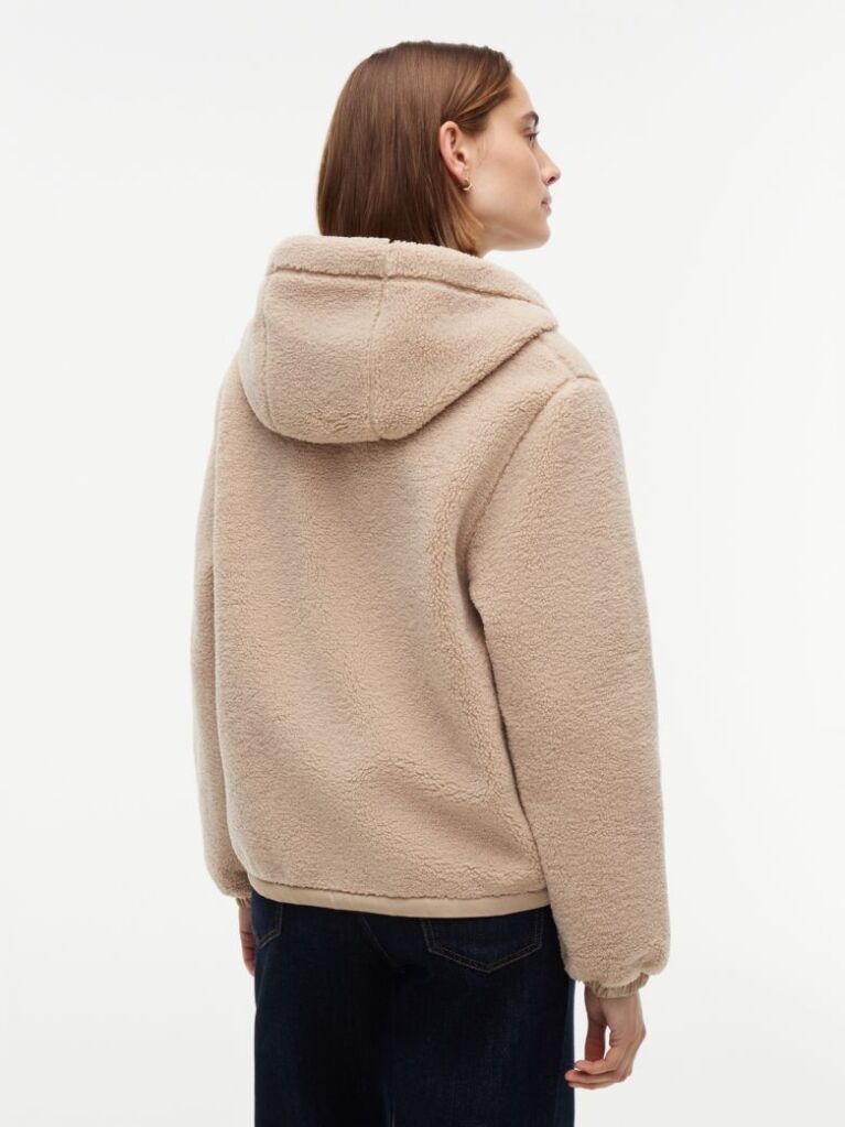 Beige Teddy Fleece Zip-Thru Relaxed Hooded Jacket  Women
