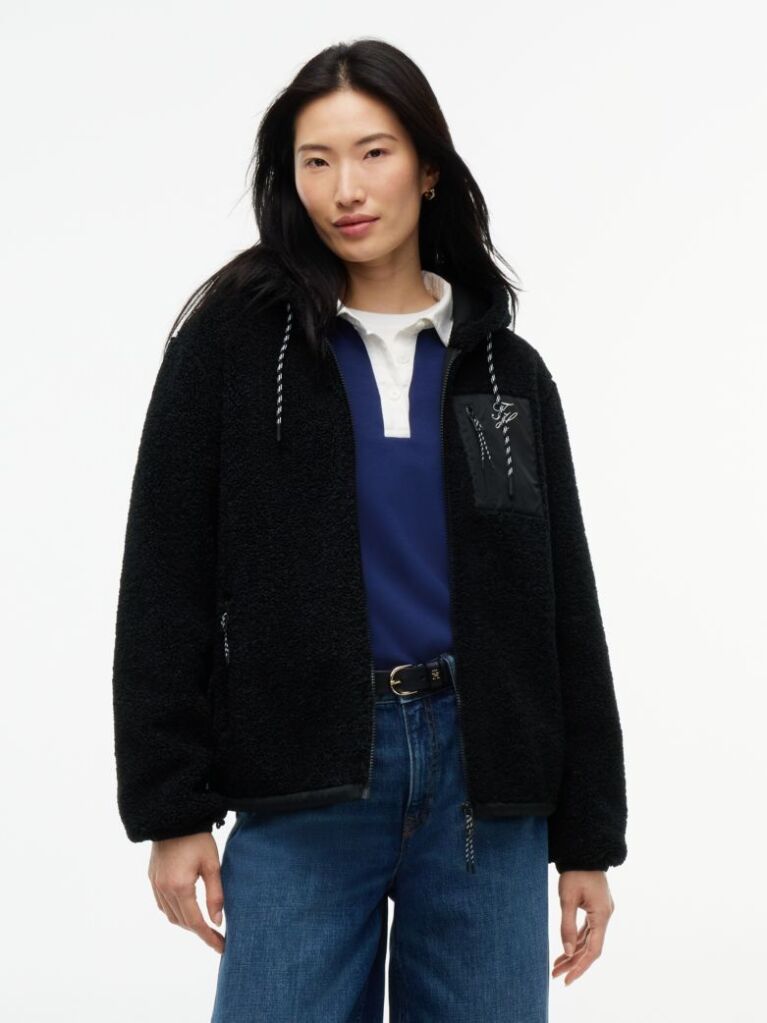 Black Teddy Fleece Zip-Thru Relaxed Hooded Jacket  Women