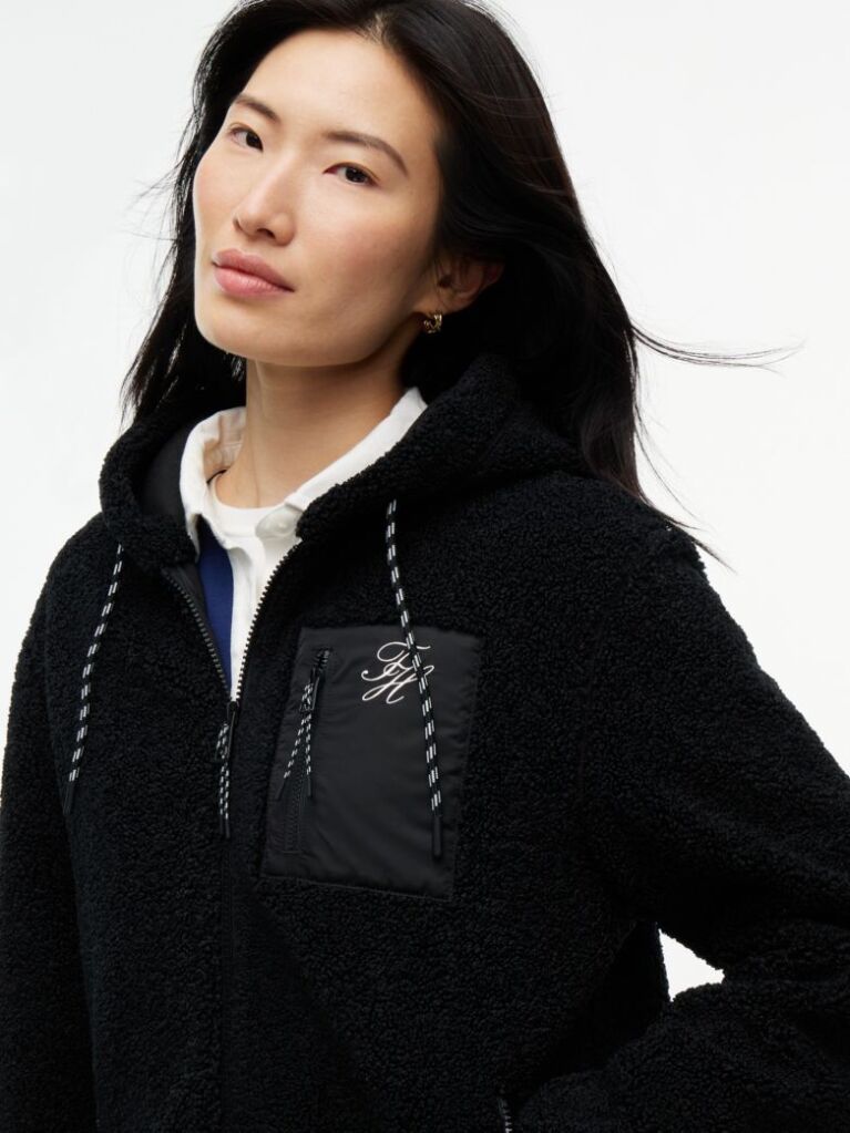 Black Teddy Fleece Zip-Thru Relaxed Hooded Jacket  Women