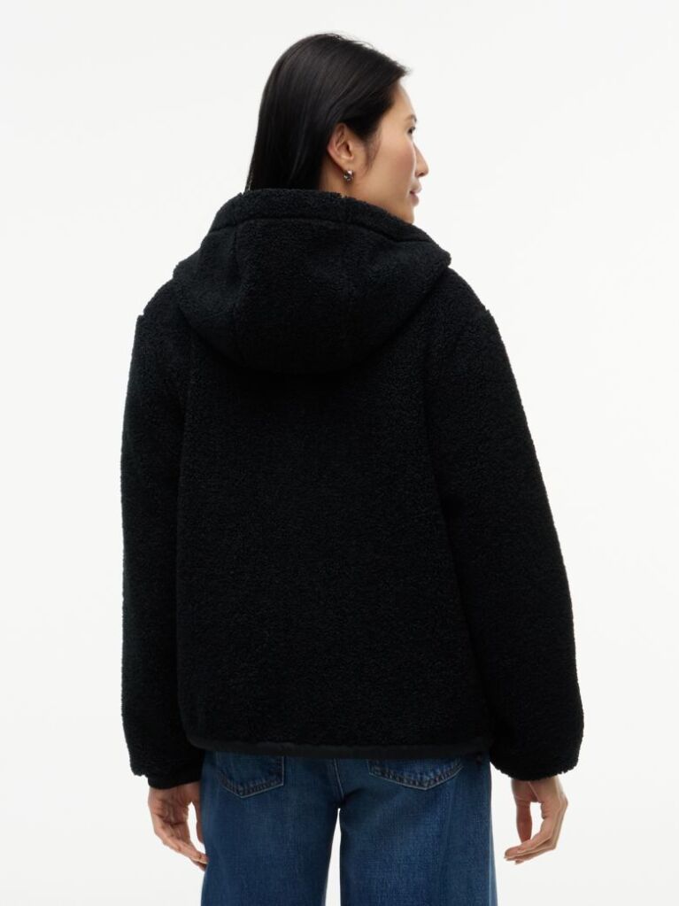 Black Teddy Fleece Zip-Thru Relaxed Hooded Jacket  Women