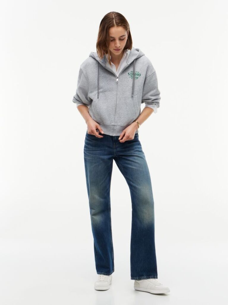 Γκρι Oversized Hoody Με Φερμουάρ Και Λογότυπο  Γυναίκες
