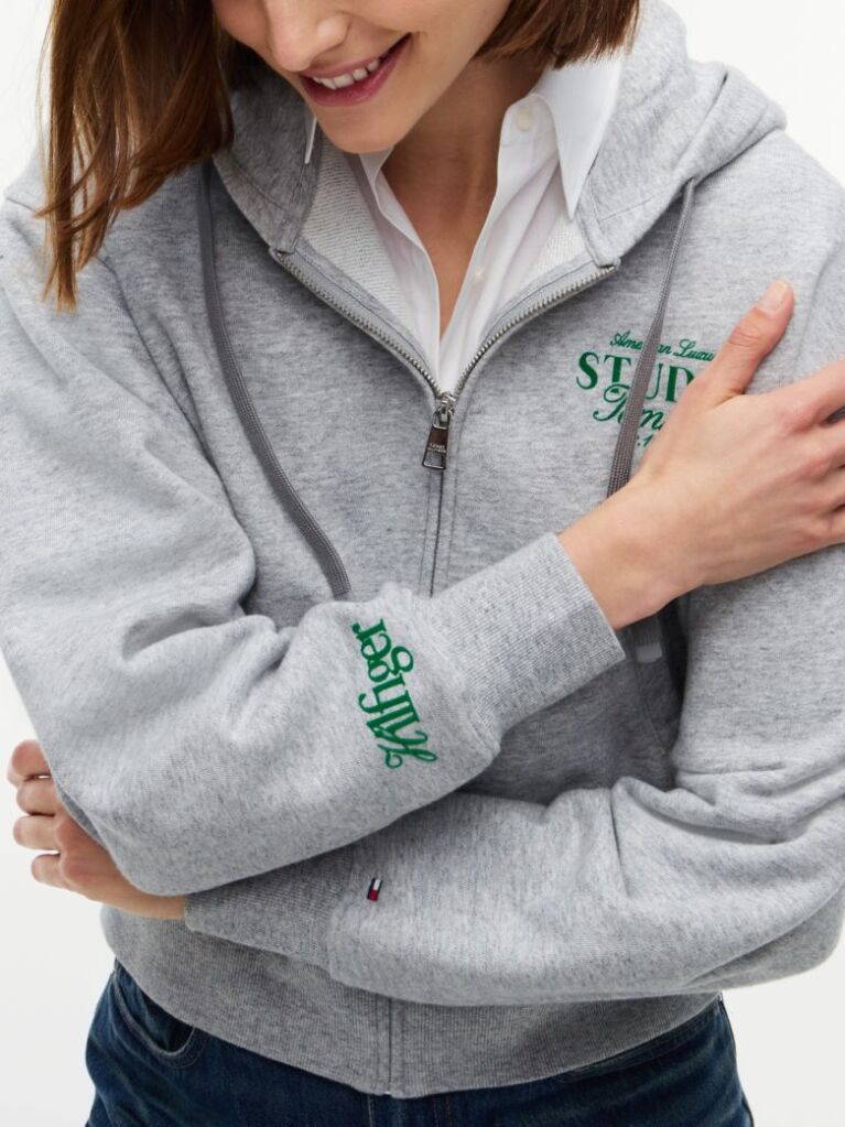 Γκρι Oversized Hoody Με Φερμουάρ Και Λογότυπο  Γυναίκες
