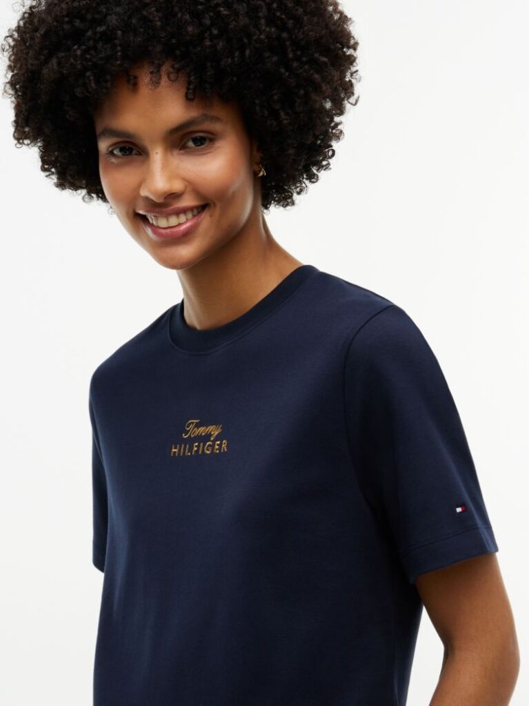 Μπλε T-Shirt Με Κλασική Λαιμόκοψη Και Κεντητό Λογότυπο  Γυναίκες