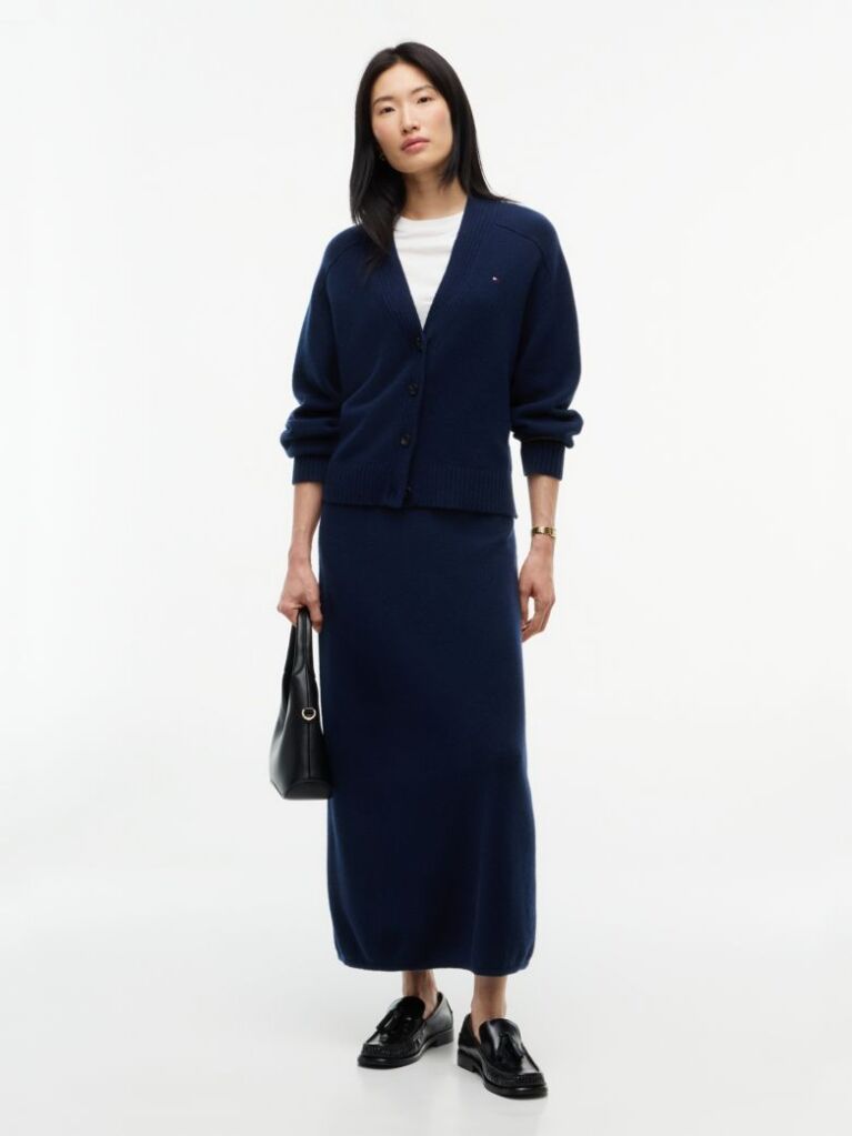 Blue Pure Wool Jersey Straight Midi Skirt  Women