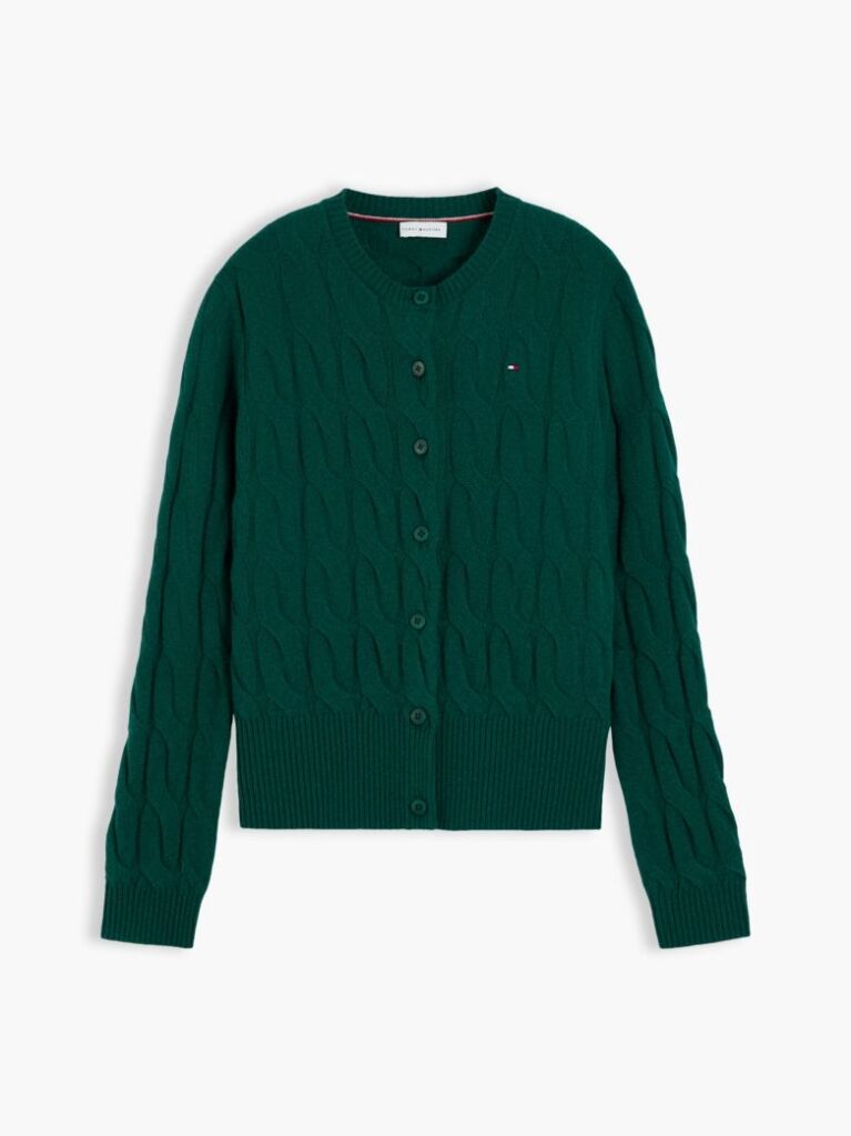 Green Pure Wool Cable Knit Slim Cardigan  Women