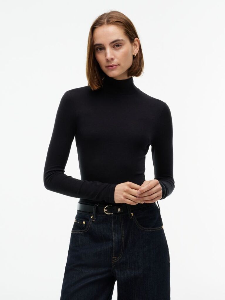 Black Slim Mock Neck Long Sleeve Top  Women