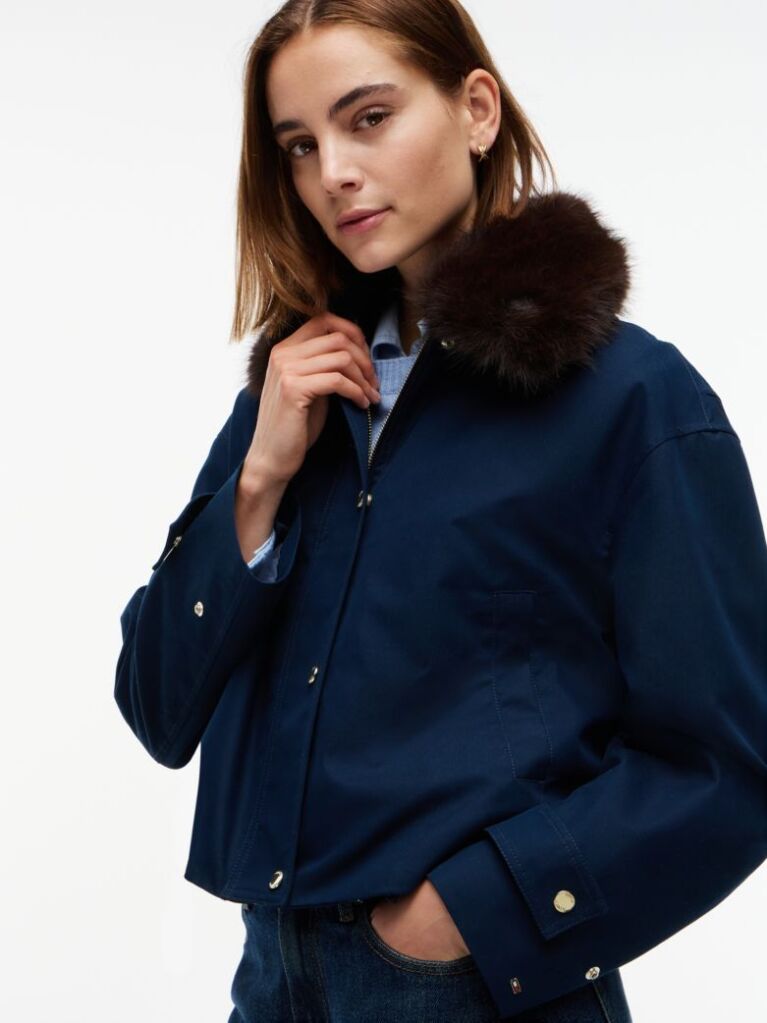 Blue Faux Fur Collar Oversized Bomber Jacket  Women